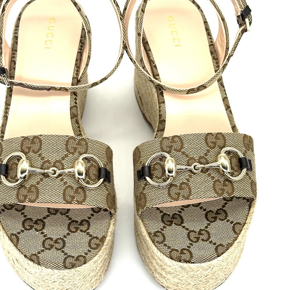 Gucci Horsebit GG Supreme Platform Espadrille Wedge Heel Sandals Shoes - Picture 8 of 16
